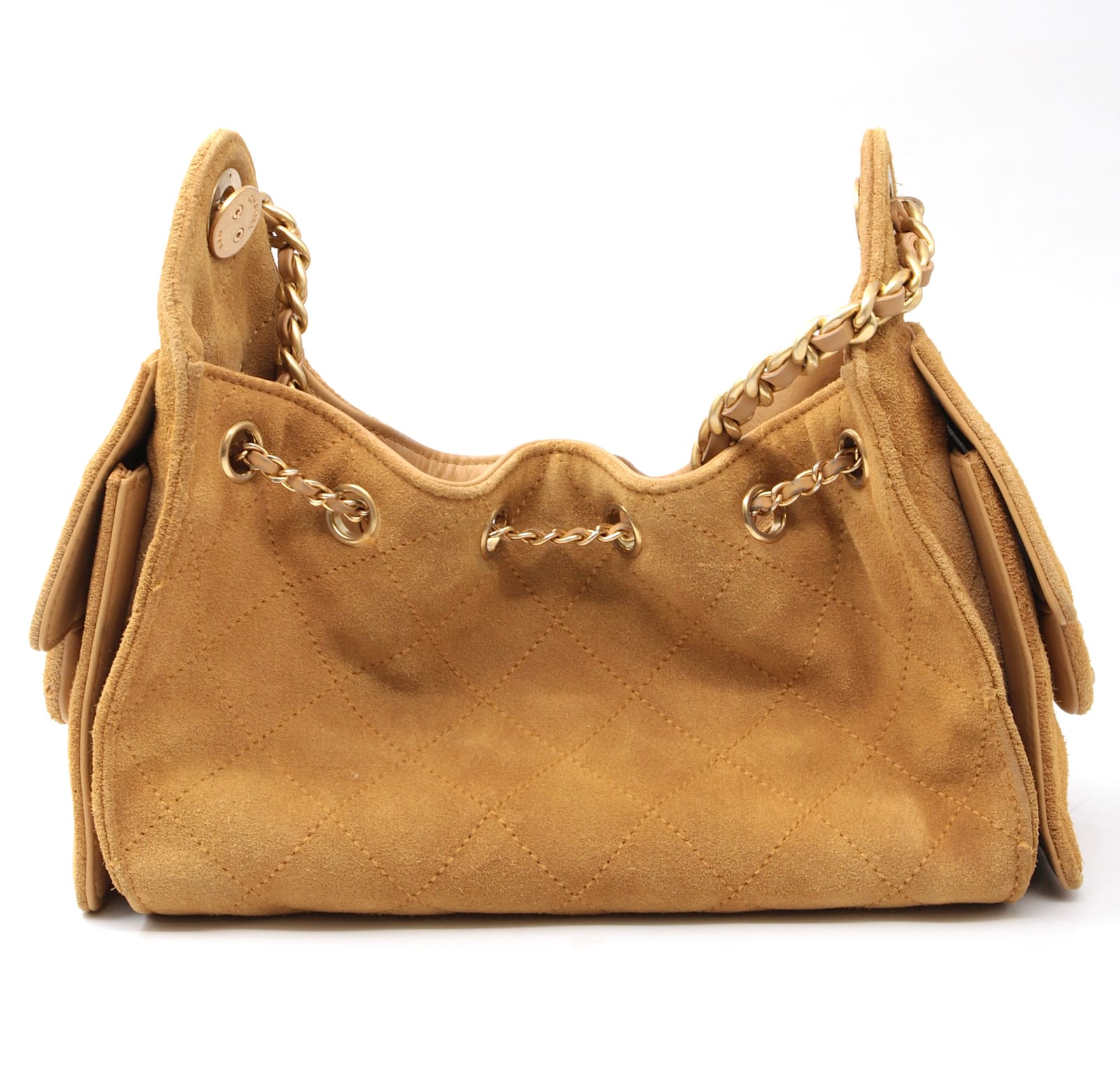 The same tan suede shoulder bag after restoration, the nap lifted and the colour returned evenly.